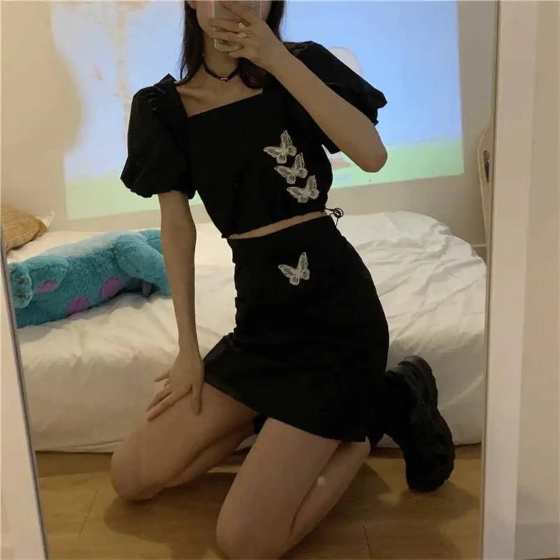 Summer Gothic Vintage Black Casaul Skirts Sets Women Square Collar Punk Harajuku Korean Y2k 2 Piece Sets Outfits 240704