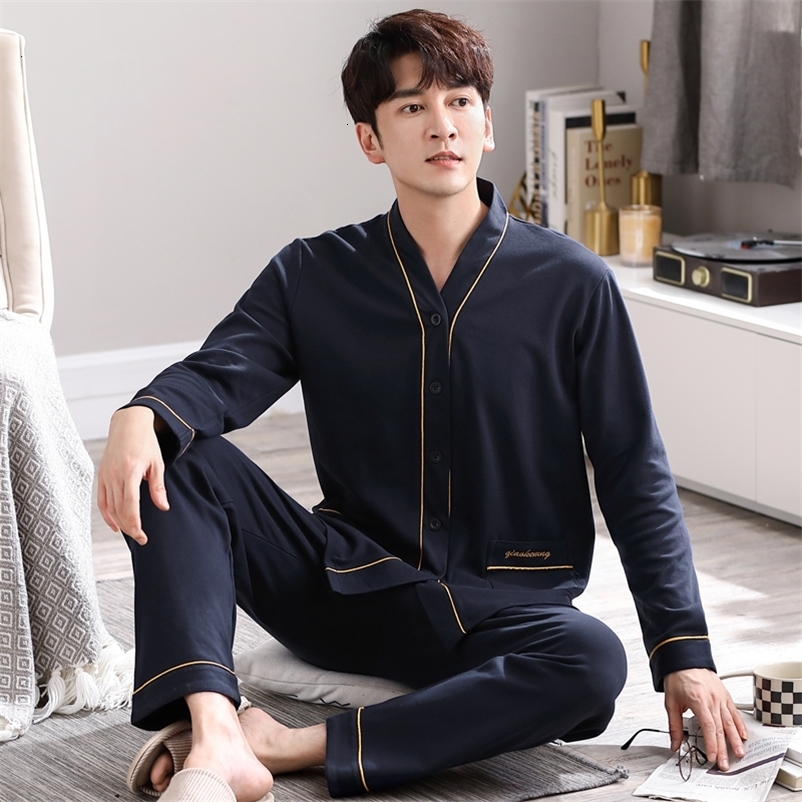 Men's Sleepwear Men Nightwear Leisure Cardigan Sleepwear Spring Autumn Lounge Wear Long Sleeve V-neck Cotton Pajamas Set Large Size 230320