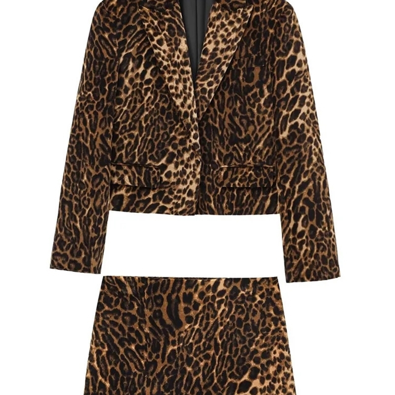 TRAF Fashion Long Sleeve Blazers Top Women 2 Pieces Leopard Printed Mini Skirt Sets Womens Suit Two Piece Set Women Outfit 250118