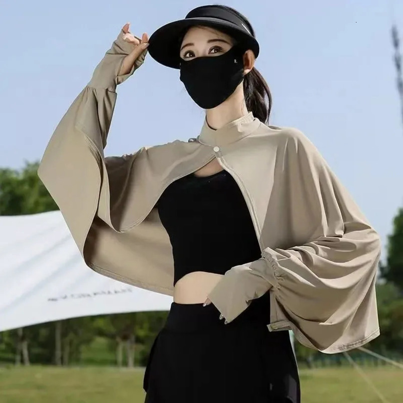 Summer Ice Silk Sunscreen Shawl Women Solid Color Breathable Ultraviolet Protection Cape Top Outdoor Cycling Sun-Proof Coat Lady 250611