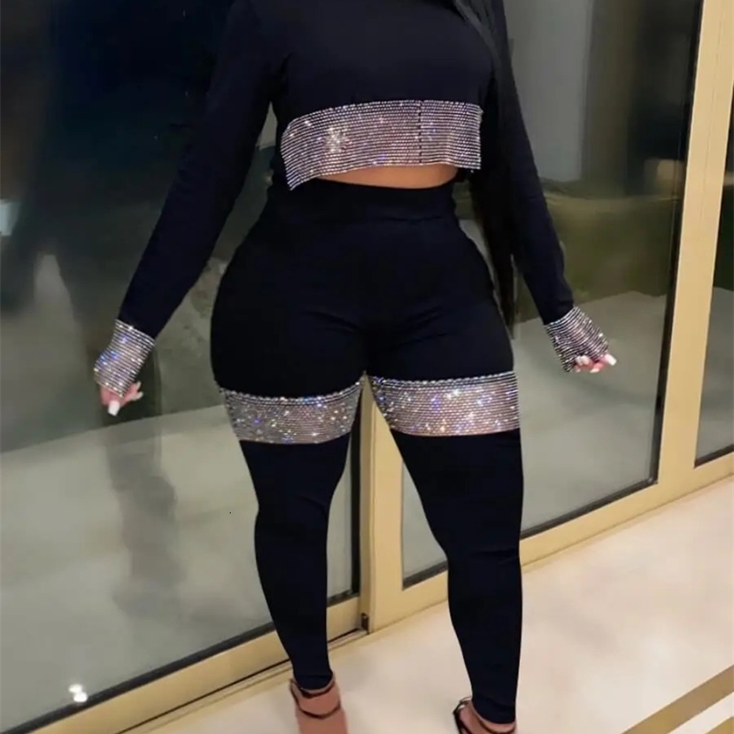 LW Plus Size Casual Elegant Women Outfits Autumn Long Sleeve Round Neck Crop Top See Through Sequin Skinny Y2K Pants Set 240816