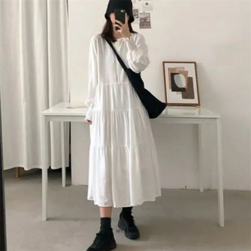 Casual Dresses Size 6XL 150KG Women's Long Sleeve Dress Solid O-Neck Loose Waist Women's Large Black and White Dress 230407