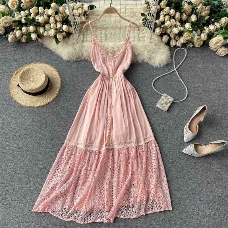 DEAT Women Beach Style Lace Ruffles Suspender Dress Solid Color V-neck Open Back Slim Fashion Spring Summer 11B721 210709