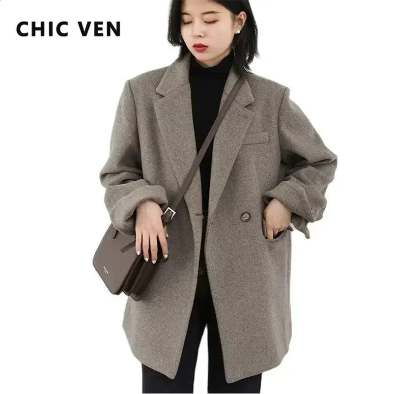 CHIC VEN Autumn Winter Korean Women Woolen Blazer Cotton Lining Thick Warm Jacket Solid Color Coat Female Woman Office Lady Tops 240911