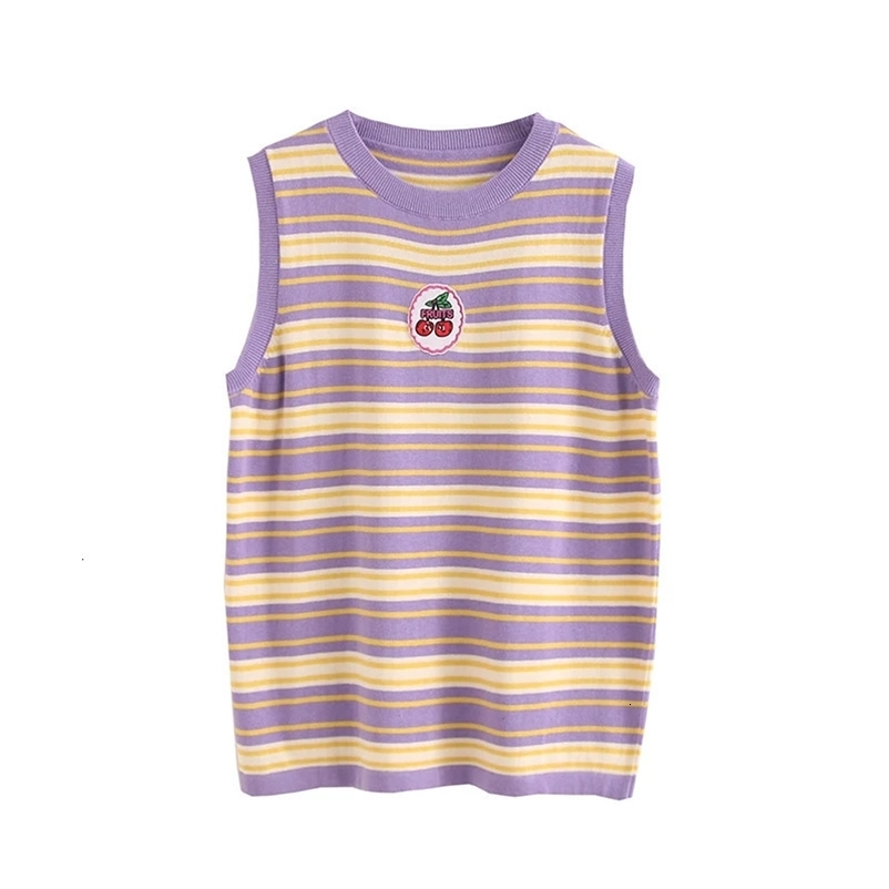 Chic Womens Summer Pullover Sweater Vest Purple Striped Fruit Patch Sweet Thin Knit Jumper Vest Tops Ladies Sleeveless Shirt 240513