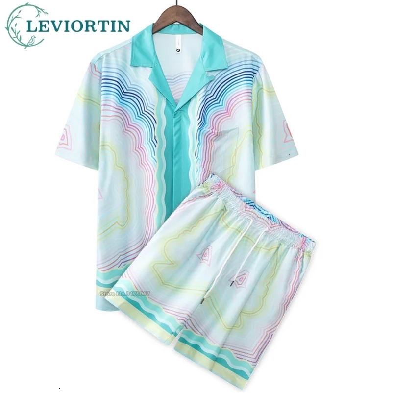 Summer Korean Styles Mens Hawaiian Colorful Striped Short Sleeve Shirt Holiday Beach Shorts Casual 2 Piece Outfits Unisex 240529