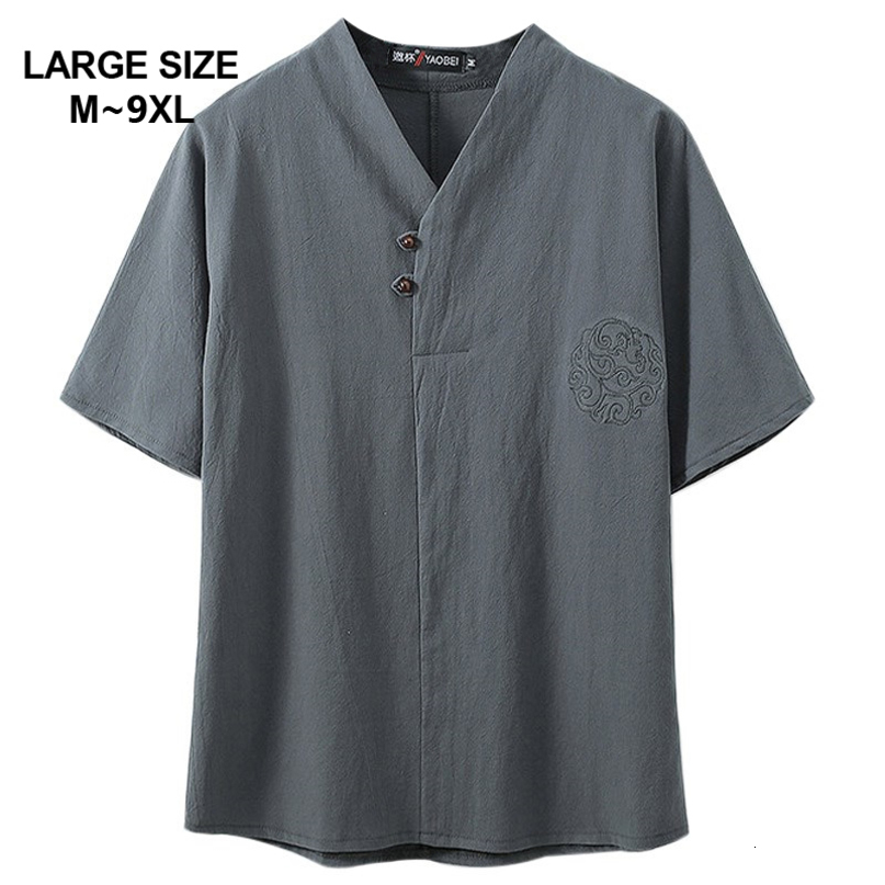 Chinese Style Super Plus Size M-9XL Men's Summer Casual V-neck Short Sleeve T-shirt Man Loose T-shirts Tees 5XL 6XL 7XL 8XL 9XL 210225