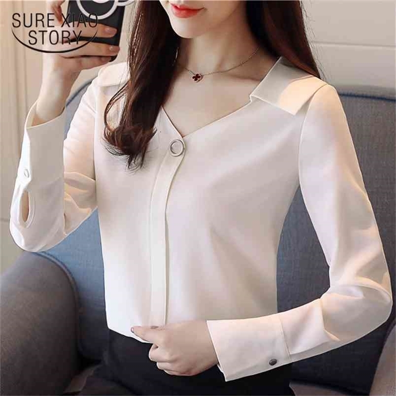 spring fashion long sleeved blouses chiffon shirts office lady women tops v-neck solid white clothing D467 30 210506