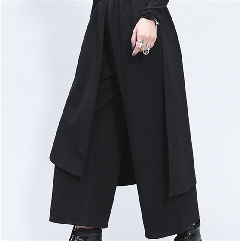 Women's Pants Capris EAM High Elastic Waist Black Split Joint Long Wide Leg Trousers Loose Fit Pants Women Fashion Spring Autumn 1Z325 220916