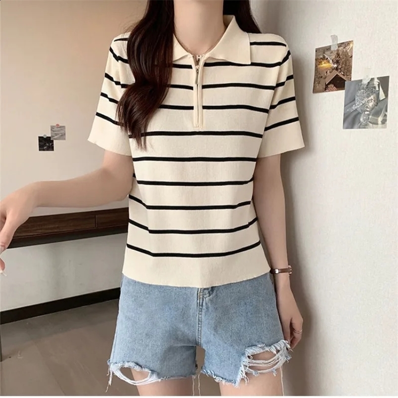 Korean Minimalist Summer T-Shirts Women Polo Collar Striped Ice Silk Fabric Zipper Fashion Casual Short Sleeve Loose Knit Tops 240805