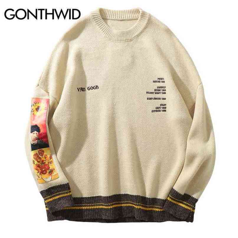 GONTHWID Van Gogh Sleeve Patchwork Pullover Knit Sweater Mens Hip Hop Embroidery Crewneck Knitwear Sweaters Streetwear Tops 210818