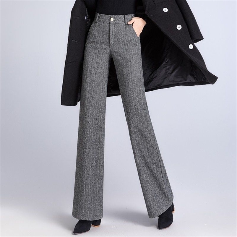 Women's Pants Capris Autumn Winter Wool Wide Leg Pants Womens Fashion Striped Herringbone Thickened Warm High Waist Loose Straight OL Casual Tr