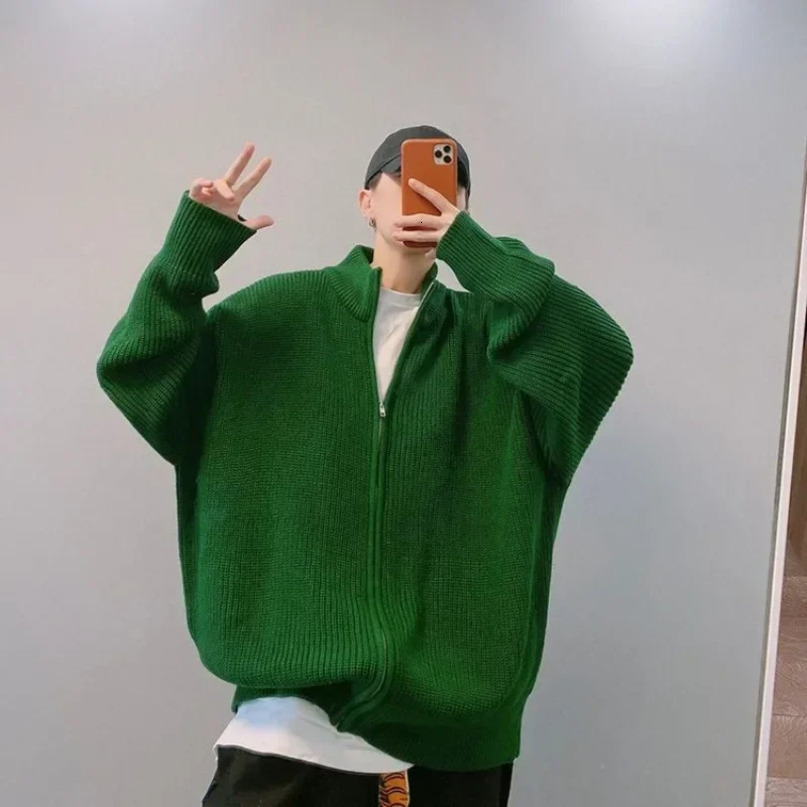 Knit Sweater Male Solid Color Plain Cardigan Mens Clothing Green Zipper Jacket Zipup Collared Coat Street Korean Style Heated 240123