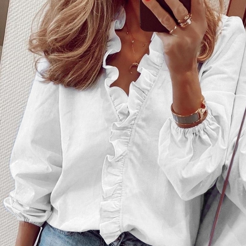 Women's Blouses Shirts Elegant White Ruffle Blouse Shirts Women Autumn Spring Long Sleeve VNeck Pullover Tops Office Lady Casual Plain Plus Siz