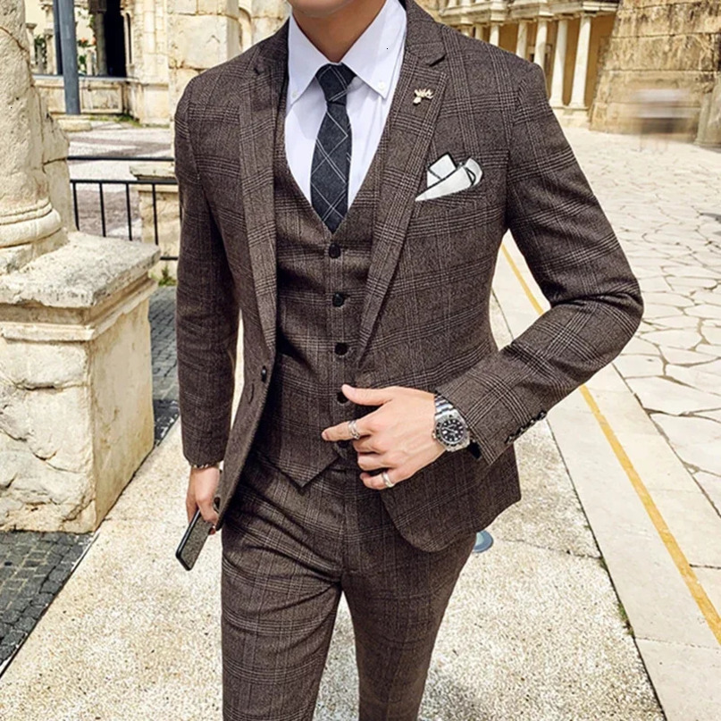 Mens Suit Jacket Vest Pants Fashion Boutique Plaid Casual Business Male Groom Wedding Tuxedo Dress 3 Pieces Set Blazers Coat 240412