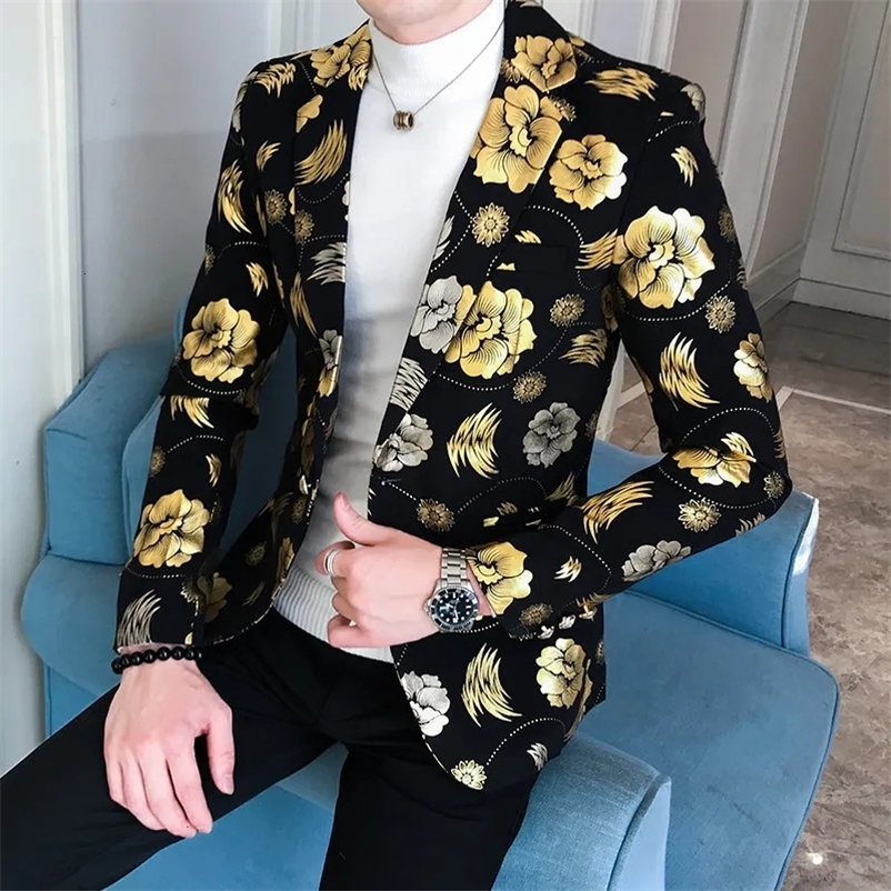 Men's Suits Blazers Men Golden Flower Print Blazers Autumn Formal Dress Tuxedo Casual Slim Fit Suit Jacket / High Quality Fashion Men Clothing