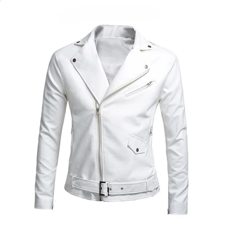 Black white synthetic leather jacket spring autumn slim fit mens motorcycle with zipper casual outerwear 240903