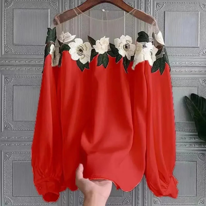 Mesh Patchwork Floral Blouses Women Embroidery Shirt Autumn Winter Vintage Lantern Long Sleeve Tops Casual Ladies Clothes 240226
