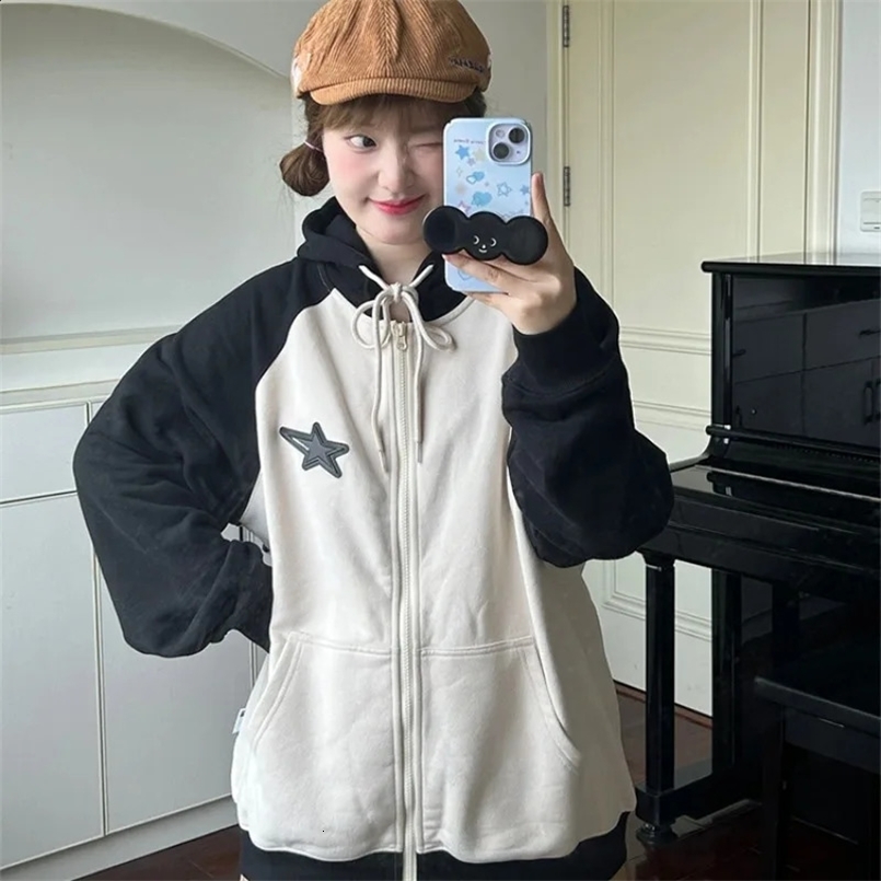 Harajuku Zip Hoodies Women Japanese Style Oversize Sweatshirts Kawaii Patchwork Star Gothic Y2k Hooded Overcoat Korean Fashion 240801