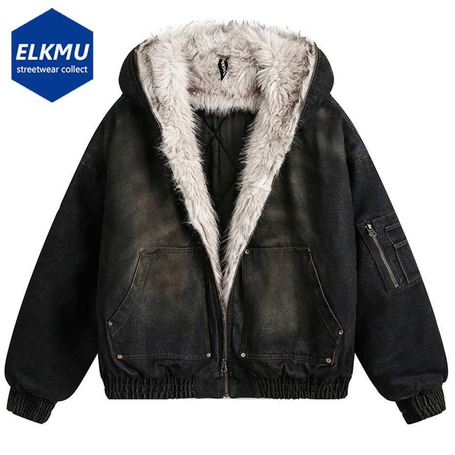 Vintage Denim Parkas Fur Warm Padded Jackets Men Streetwear Harajuku Oversized Bubble Coat Outwear Q250923