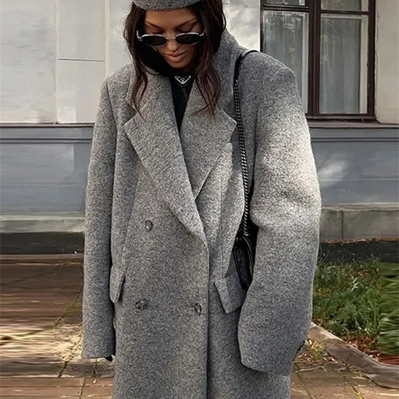 Fashion Turn Down Collar Coat Women Autumn Winter Elegant Long Sleeve Lady Long Coats Chic Pocket Female Double Breasted Jacket 240911