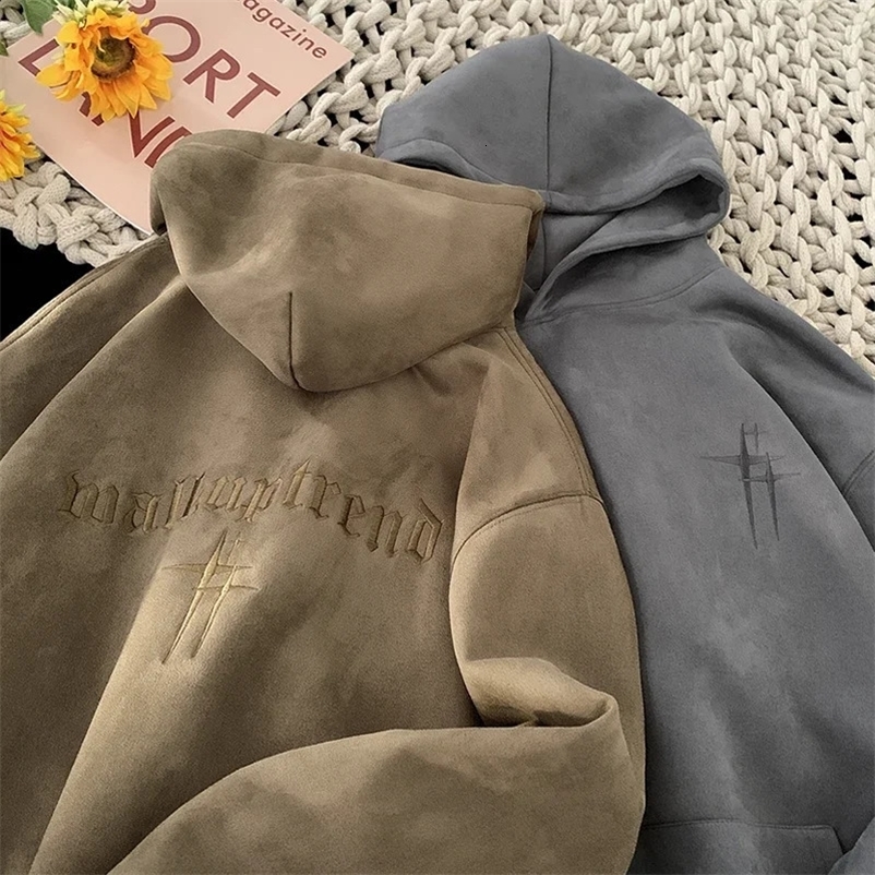 Mens Suede Hoodies Fall Winter Sweatshirt American Vintage College Style Hooded Sweatshirt Fashion Street Trend Clothing 241217