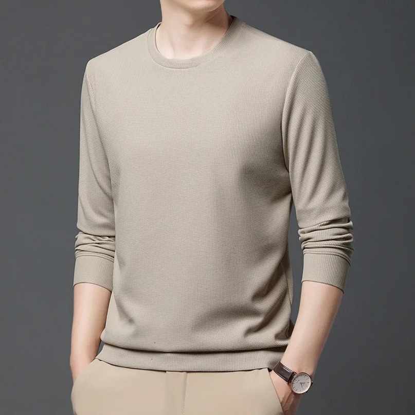 Autumn Hoodies Men Fashion Casual Slim Fit Waffle Round Neck Sweatshirts Mens Long Sleeve Undershirts 240617