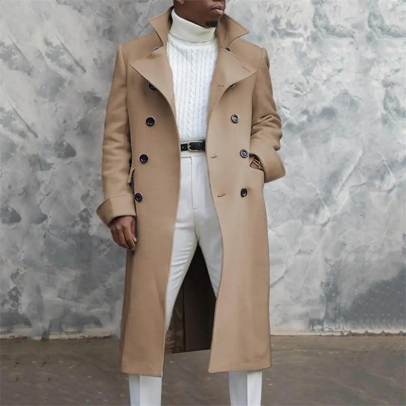 Men Autumn Winter Trench Coat Lapel Double-breasted Loose Mid Length Loose Thick Windproof Long Sleeve Solid Color Men Jacket 240729
