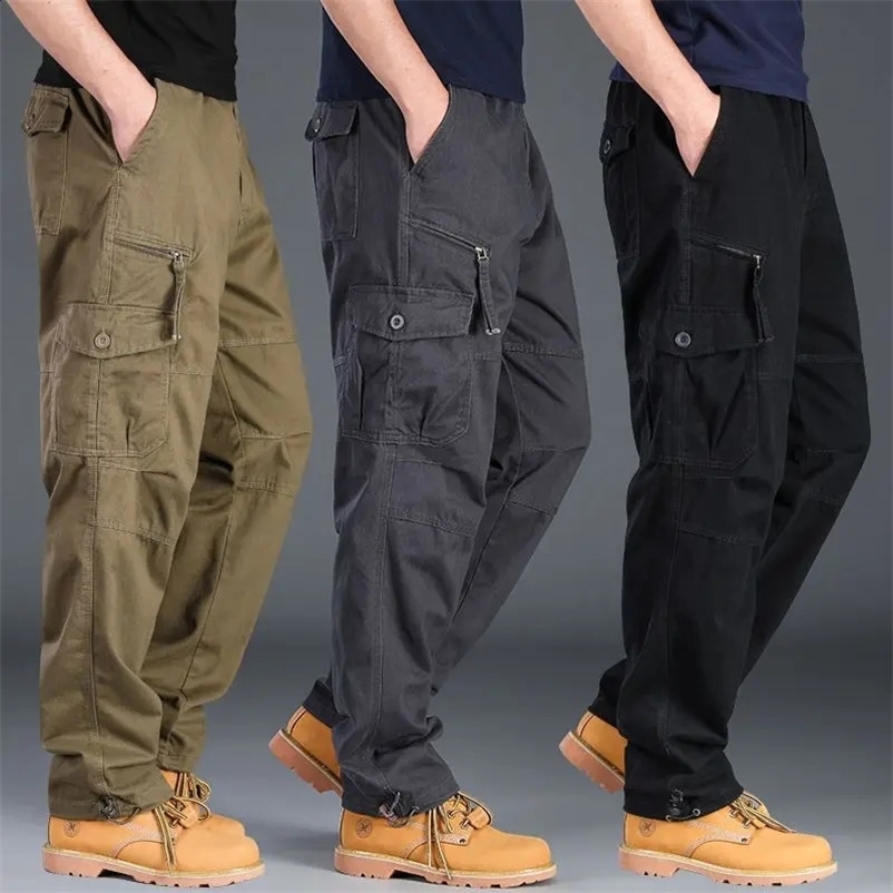 Mens Casual Cargo Pants Zipper Multi-Pocket Tactical Army Straight Loose Trousers Male Overalls Elastic Waist Pants 240809