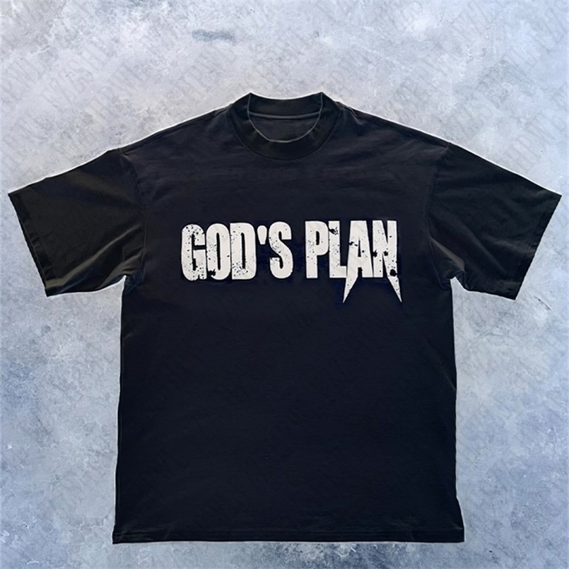 Punk letter print vintage Gothic streetwear casual American style Gods plan Y2K hip -hop high street cotton loose mens T-shirt 240823