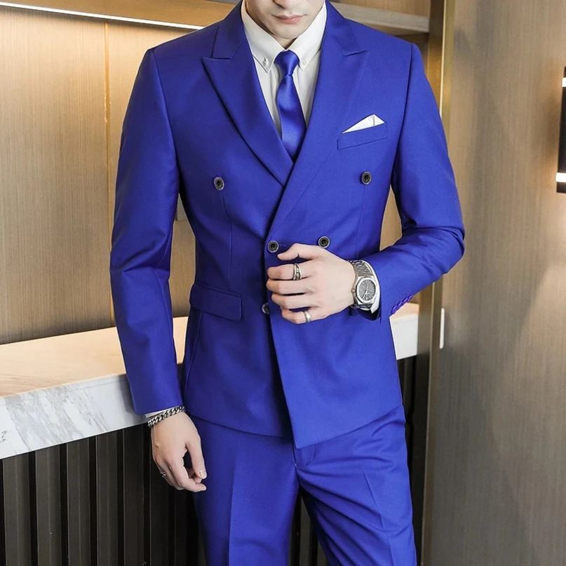 Fashion Mens Casual Business Double Breasted 2 Pcs Suit Set Male Slim Solid Color Wedding Blazers Jacket Pants Coat 240412