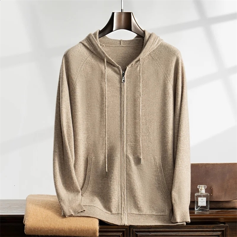 Autumn and Winter 100% Cashmere Mens Sweater Hooded Knitted Cardigan Casual Business Long Sleeved Mens Jacket Shirt 240822