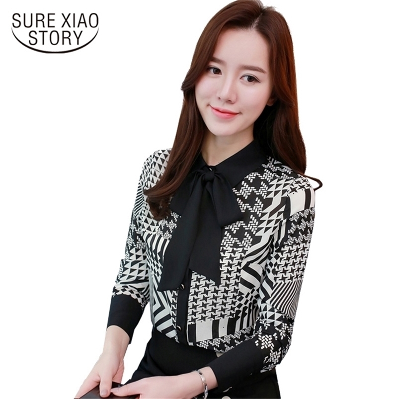 Spring Fashion Print Shirt Female Temperament Chiffon Blouse Elegant Office Lady Long Sleeve Loose Top Blusas D362 30 210506