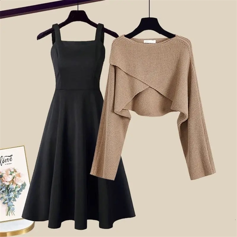 Autumn and Winter Womens Sweater Two Piece Set Korean Elegant Solid Knitting Sweater Sling Long Dress Clothing Suit 240829
