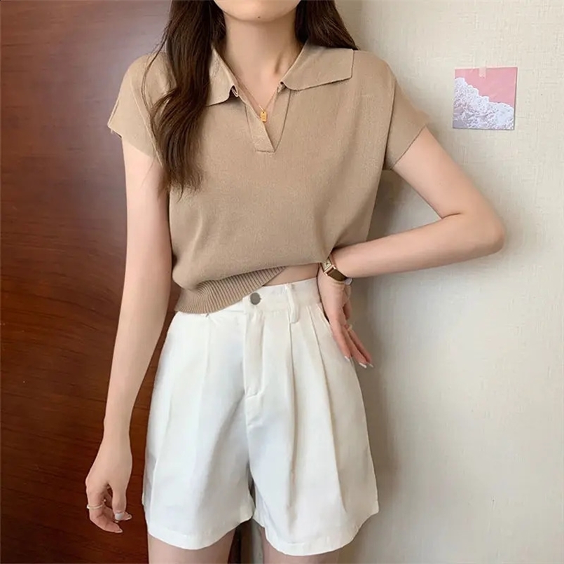 Polo Neck Knitted T-Shirt for Women Summer Loose Casual Top Korean Solid Office Tops Womens Clothing 240805