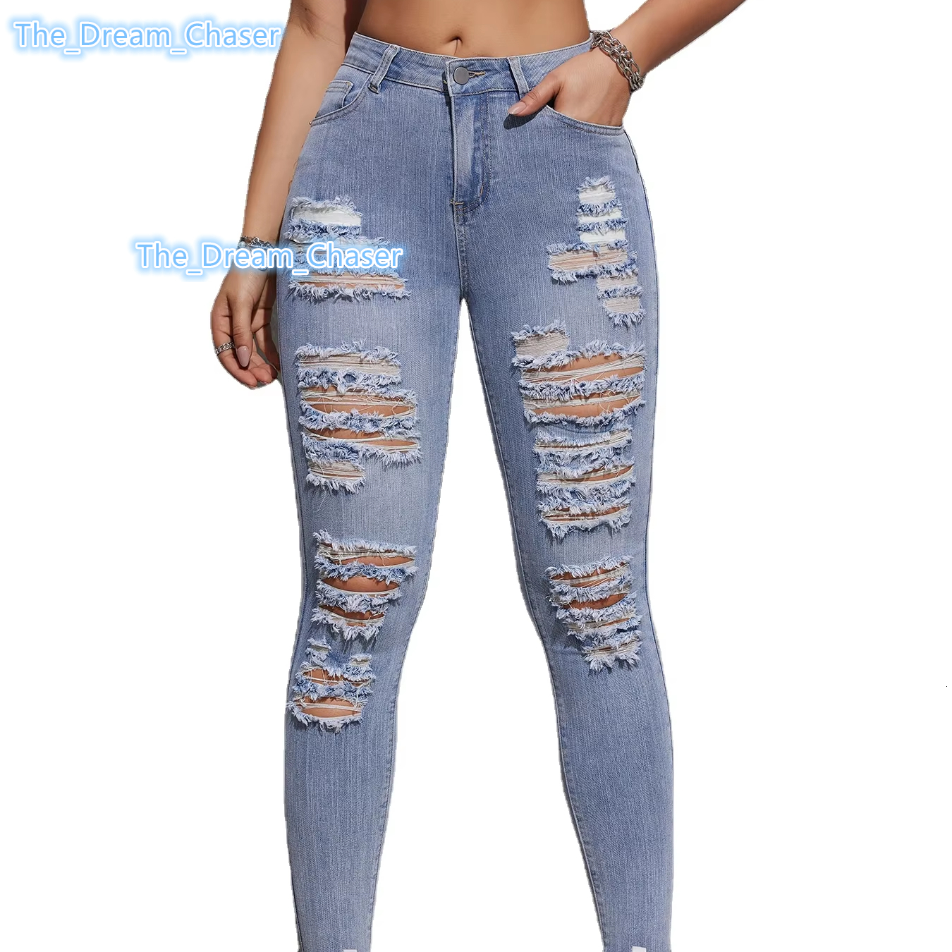 Womens AllInOne Ripped Fashion Mid Waist Hip Hop Pencil Pants New Lift Hip Slimming Denim Jeans with Washed Technics