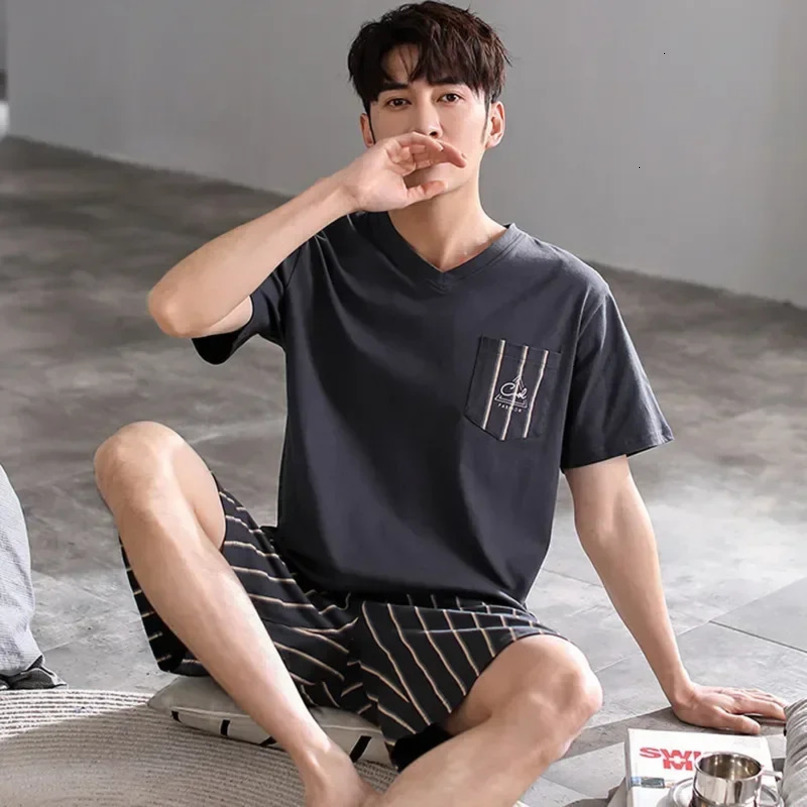 Loose Mens S Pant Pajamas Men 2 Sleeve Short Cotton Home Wear Sleepwear Set Pajama Waist Elastic Piece Leisure Summer 240408