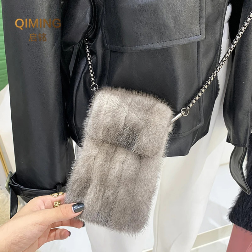 100% genuine mink leather bag womens cross body bag autumn winter plush wallet and handbag womens mobile shoulder bag womens wallet 241021