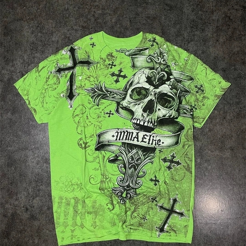 Y2K Summer Retro Green Fashion Skull Extra Large Pattern Printed T-shirt Mens Harajuku Gothic Hip Hop Sports Top StreetWear 250318