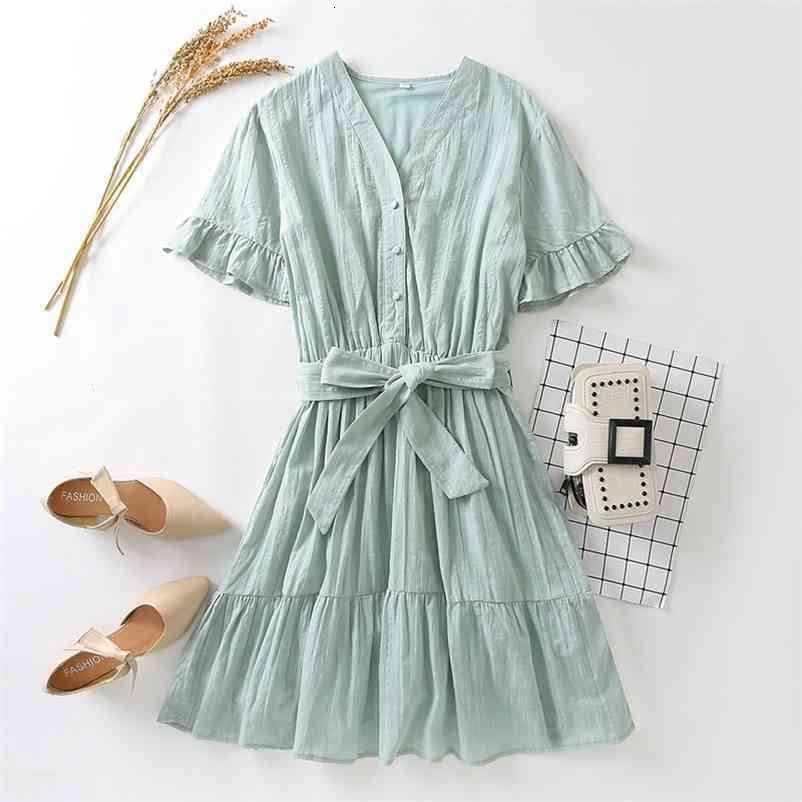PUWD Sweet Women Soft Cotton V Neck Dress Summer Fashion Ladies College Style Solid Color Female Bow Lace Mini 210522
