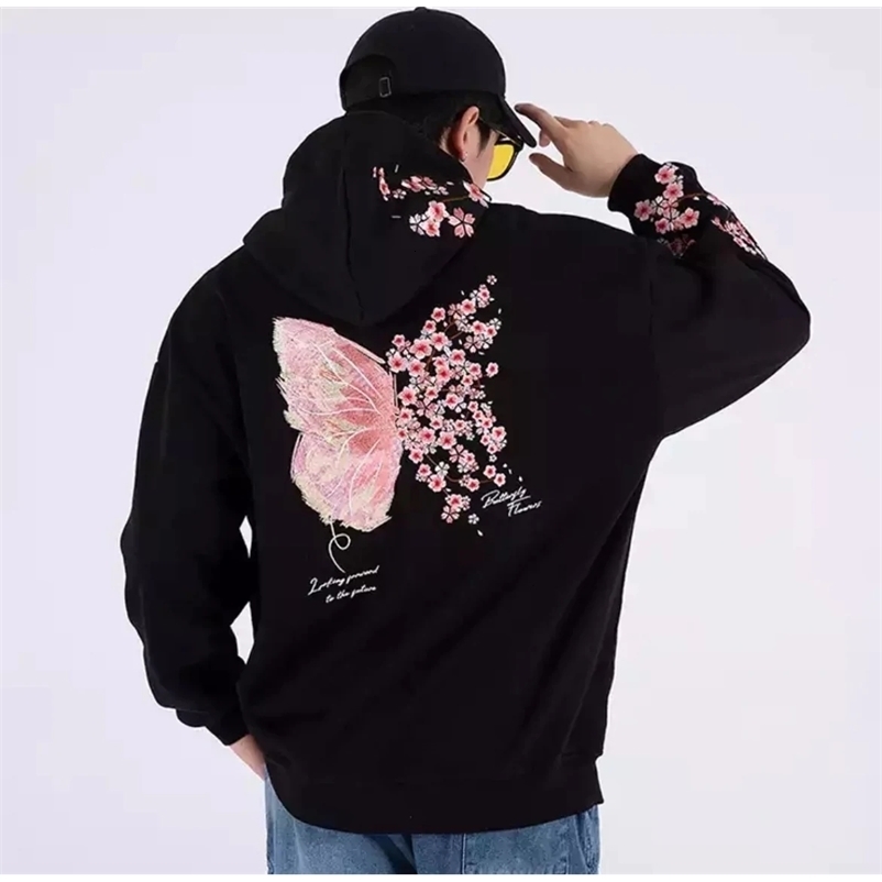Men's Hoodies Sweatshirts Man Hoodies 100% Cotton Butterfly Embroidery Harajuku Solid Pocket Hooded Sweatshirts Autumn Long Sleeve Loose Chines