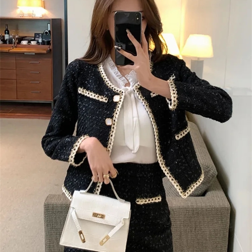 Elegant Womens Tweed Suits 2 Piece Sets Fashion Single-Breasted Black Coat A-Line Short Skirt Women Clothing Sets 240828