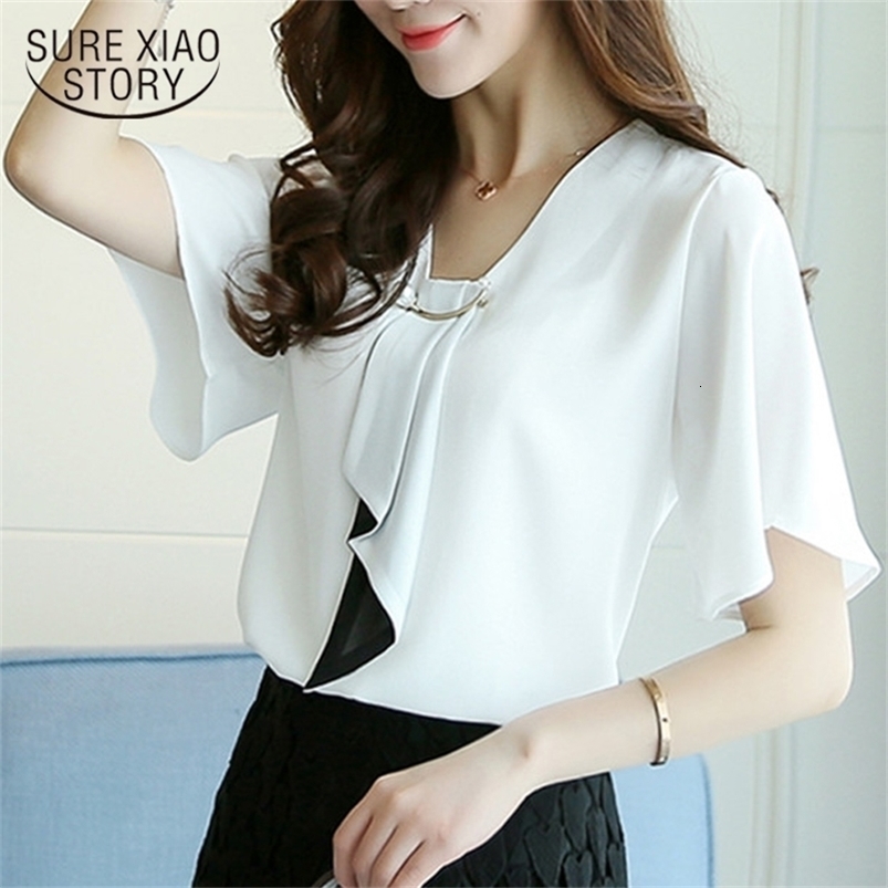 spring women tops fashion female short sleeved blouses plus size casual simple clothing chiffon D560 30 210506