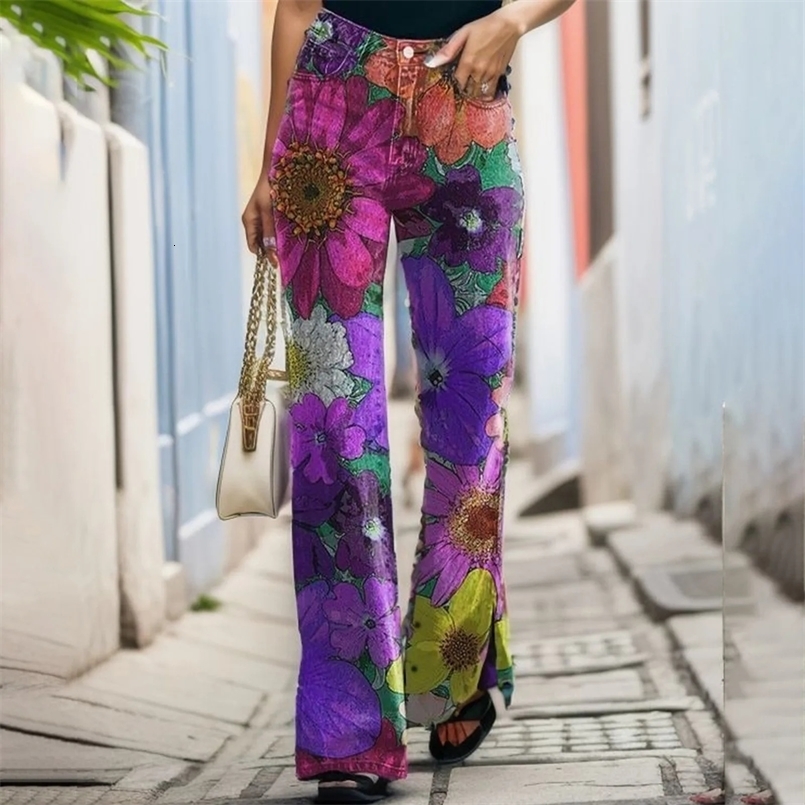 Bright Color Printing Jeans Women Casual Fashion Comfortable Floral Print Split Hem Denim Trousers Plaid Casual Pants For Women 250213