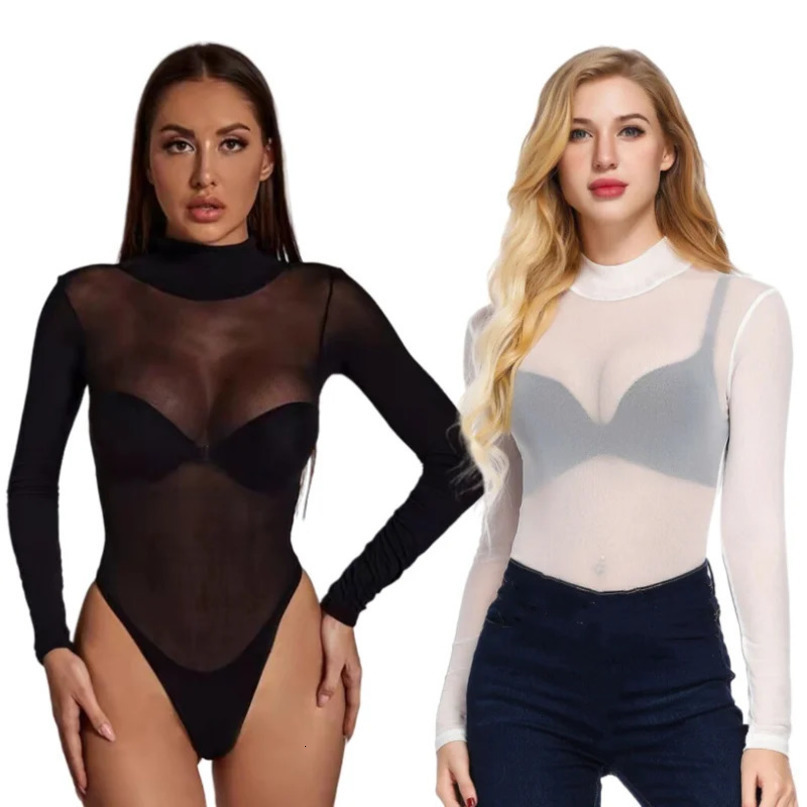 Black Long Sleeve Bodycon Bodysuit Top Plus Size Womens Onepieces Mesh See Through white Bodysuits Lingerie Sexy Tops for Women 240423