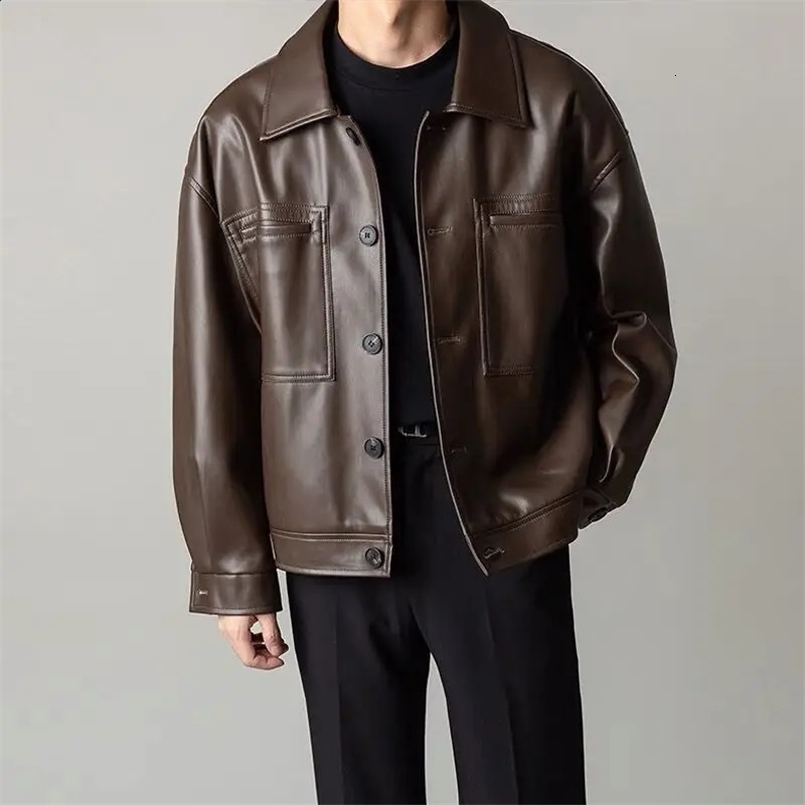 Korea Mens Motorcycle Leather Jacket Retro Pocket Black Brown Zipper Lapel Slim Fit Male Spring and Autumn Casual PU Coat M-2Xl 240816