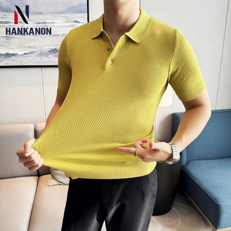 Pineapple Pattern Knitted Shortsleeved Mens Polo Shirt Solid Color Collar Business CasualSummer Light and Thin Daily Top 240516