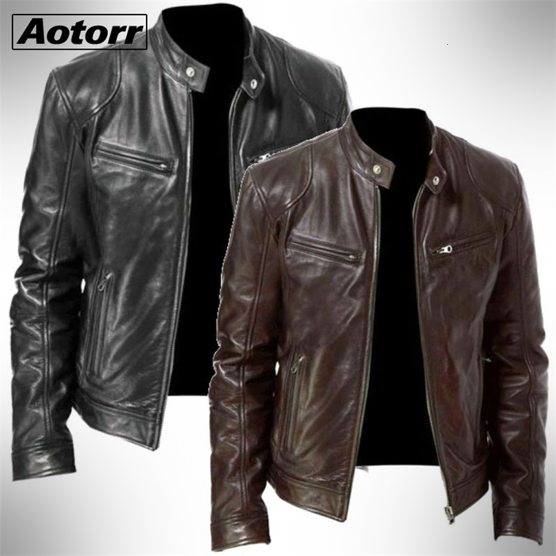 Mens Fashion Leather Jacket Slim Fit Stand Collar PU Male Anti-wind Motorcycle Lapel Diagonal Zipper s Men 5XL 211222