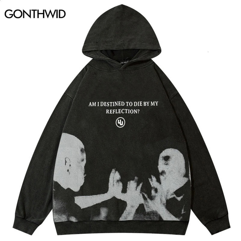Hip Hop Oversize Hoodie Sweatshirt Men Streetwear Face Ghost Shadow Graphic Harajuku Retro Washed Black Hooded Pullover Y2K 240829