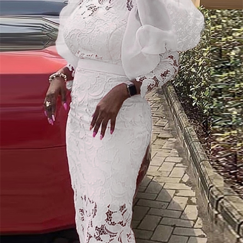 Party Dresses Chic Women Midi Dresses Bodycon Flora Lace Puffy Long Sleeve Mock Neck Elegant Summer Party Birthday Wedding Bridesmaid Outfits 230211